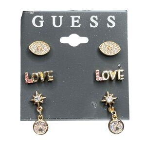 GUESS 3 Pairs Stud Earrings CZ Cubic Zirconia Love Evil Eye Compass NEW